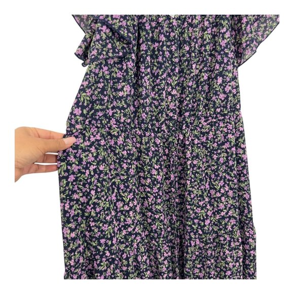 Time And Tru Women XL Floral Midi Dress Flutter Sleeves Navy Purple Lightweight - Picture 10 of 13